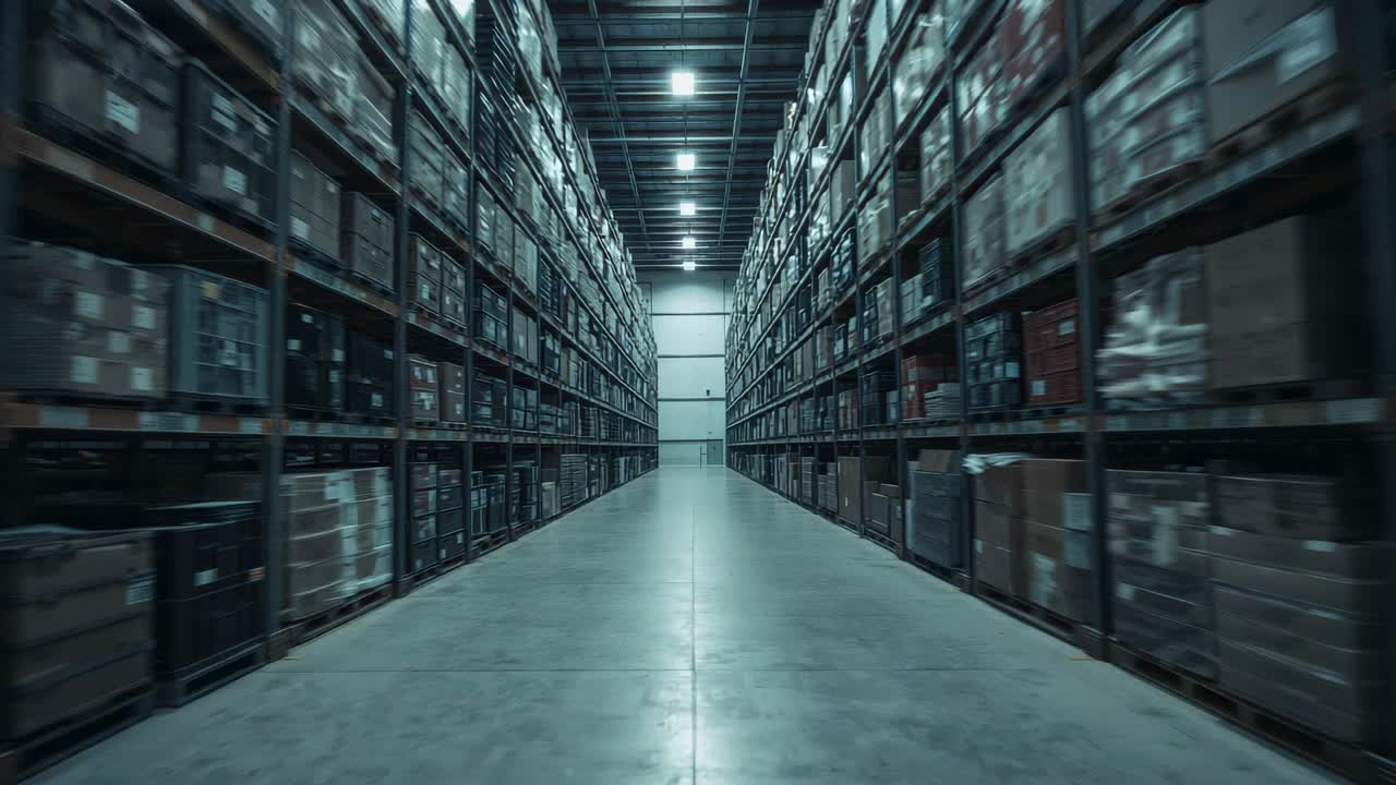 Advancing camera moving down warehouse aisle, revealing pallet racks, stacked boxes and pallets