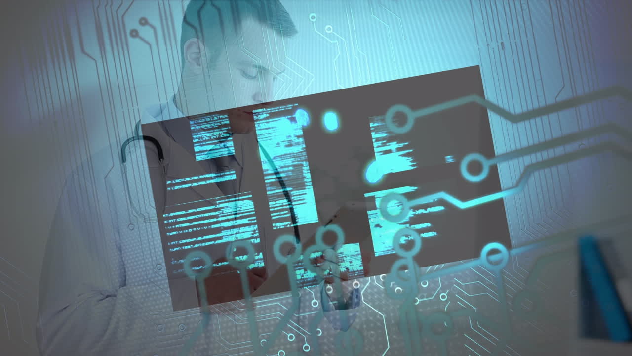 Animation of media icons and shapes over server room