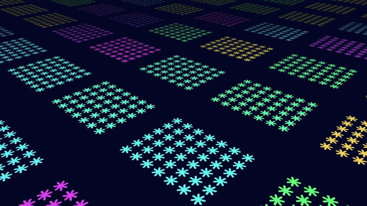 Vibrant colorful grid repeating pattern of squares in blue, purple, green, and yellow