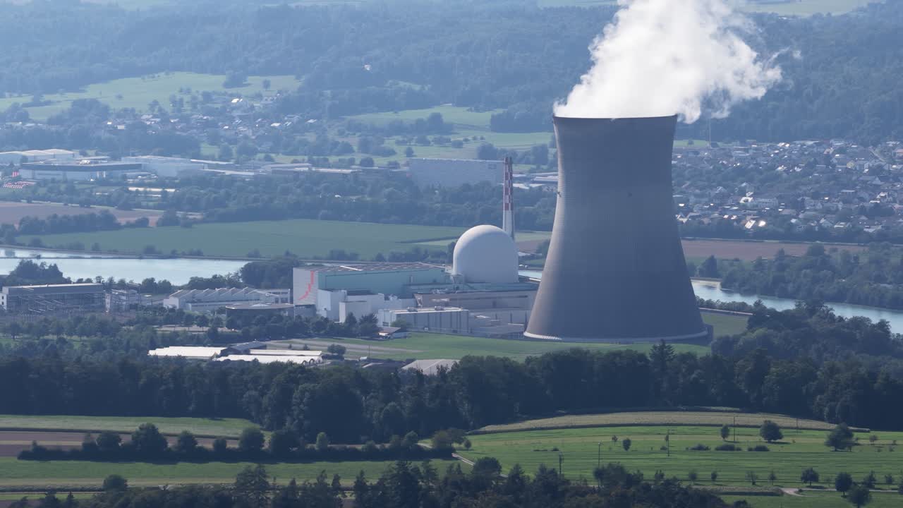 Aerial drone video of the Leibstadt Nuclear Power Plant (KKL) in Switzerland