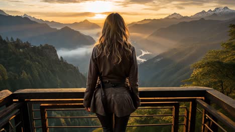 person enjoys sunrise view over majestic mountains and valley landscape