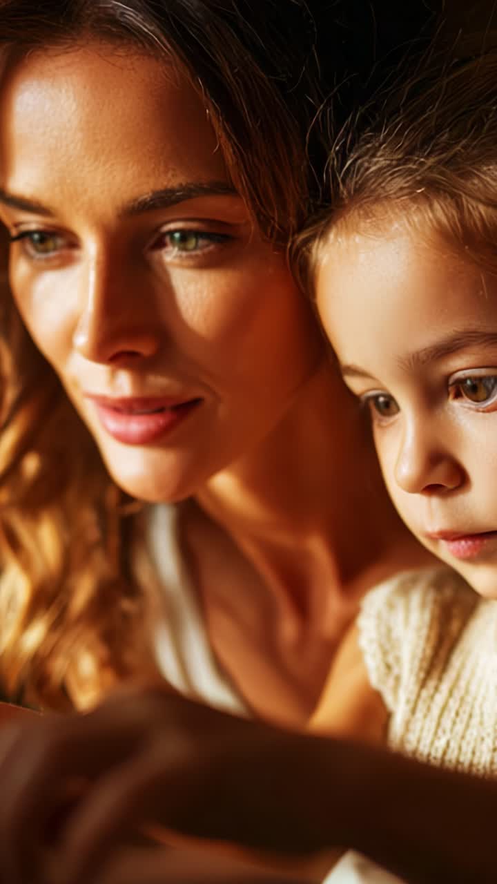 Eine Mutter und ihre Tochter teilen einen zärtlichen Moment der Verbundenheit und Entdeckung. Das zeigt ihre enge Bindung, während sie sich gemeinsam neugierig und liebevoll beschäftigen.