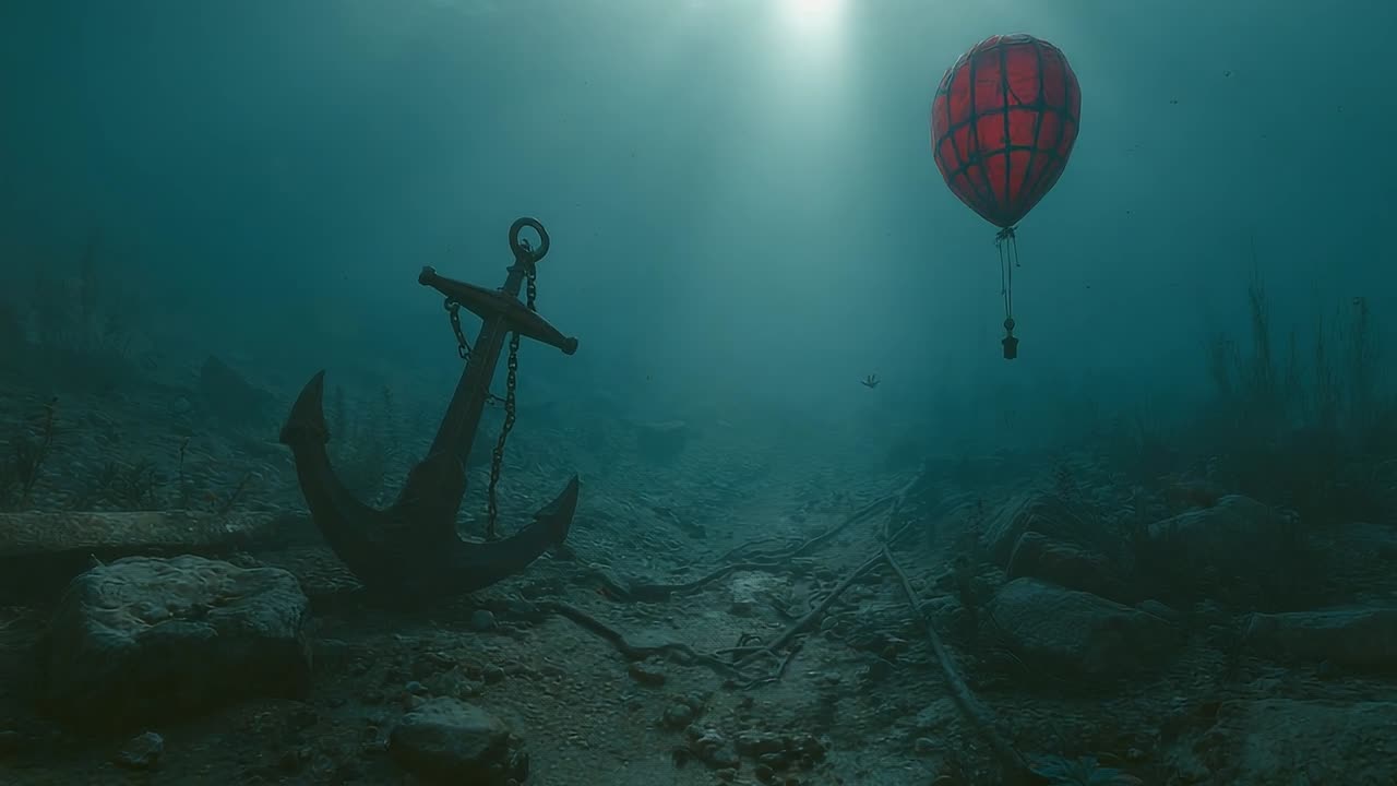 Scène sous-marine avec une montgolfière flottant au-dessus d'une ancre