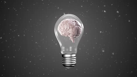 animation of human brain in lightbulb and particles on black background