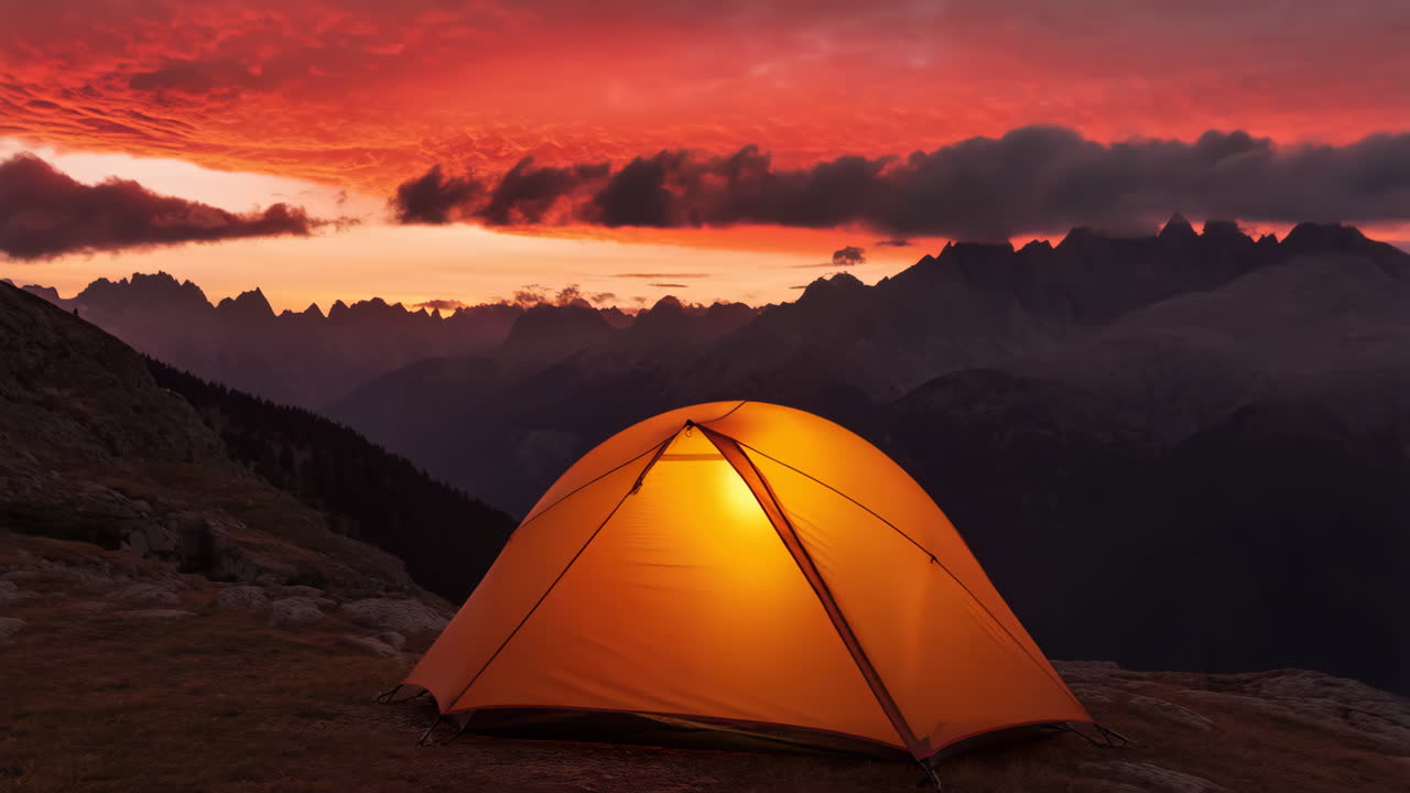 Camping Tent Under a Fiery Mountain Sunset