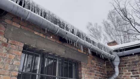 icicles hanging from roof in auschwitz camp 1 - winter with snow falling