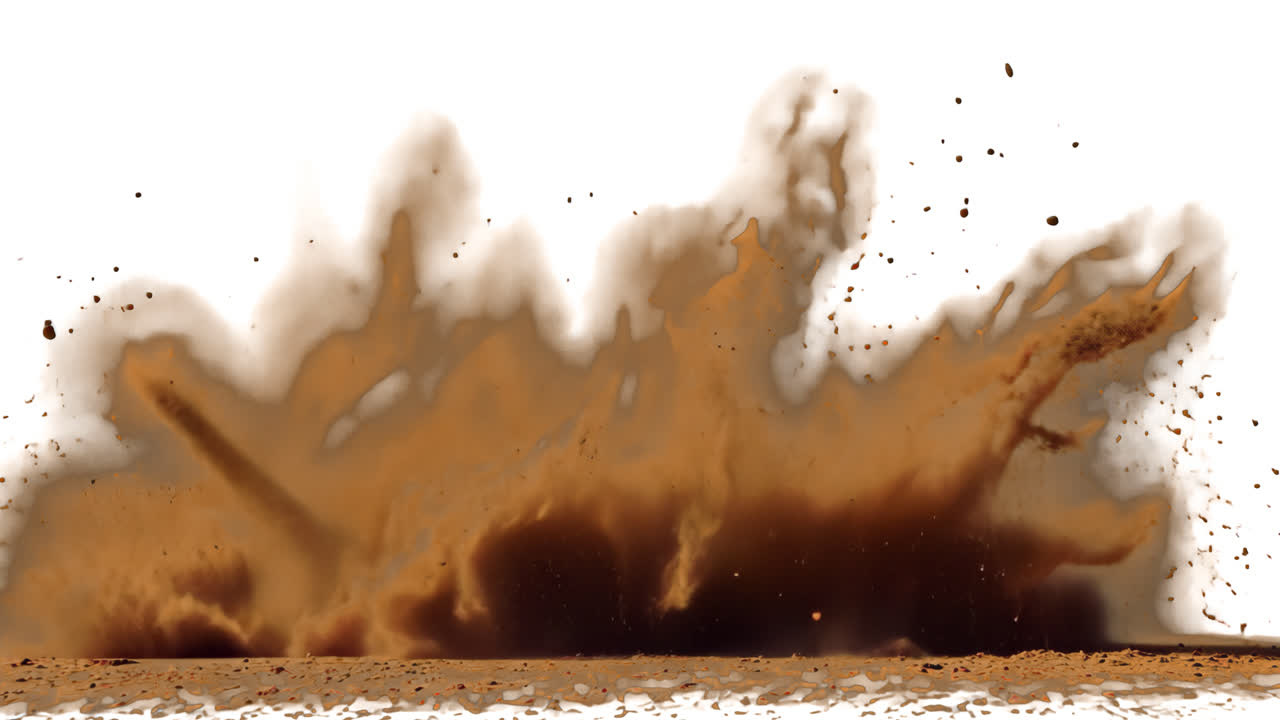 Dynamic explosion of dust animated overlay, transparent 4K video, alpha channel, ProRes 4444