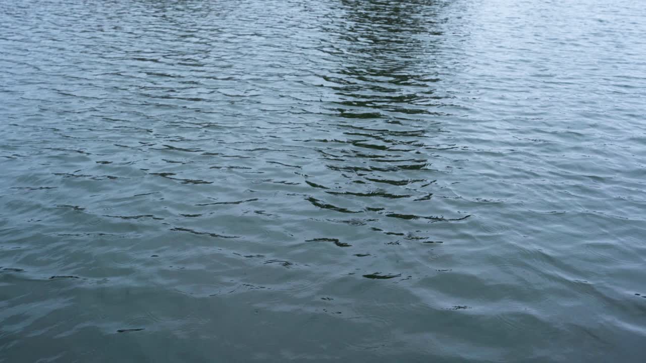 평온하고 편안한 푸른 바다의 파도가 구름이 많은 날에 빛을 반사합니다.