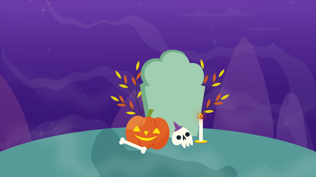 Spooky Halloween Scene with Pumpkin, Ghost, and Grave