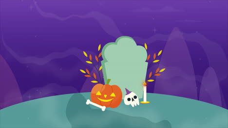 escena espeluznante de halloween con calabaza, fantasma y tumba