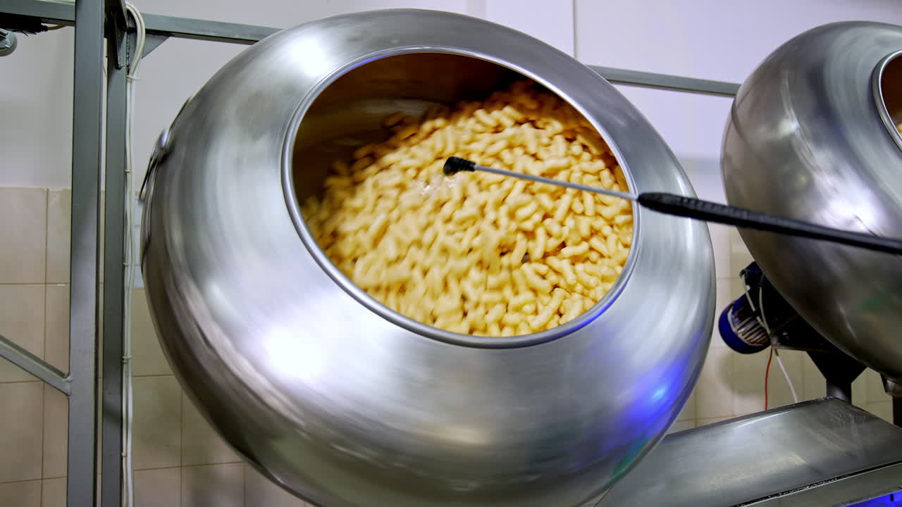 Corn snack sticks being sprayed with sweet syrup in the rotating tank. Snack production at modern food factory.