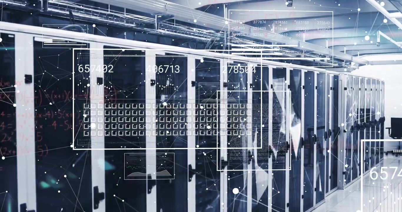 Animation of network of connections with data processing over server room