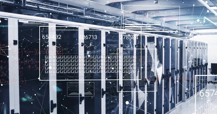 Animation of network of connections with data processing over server room
