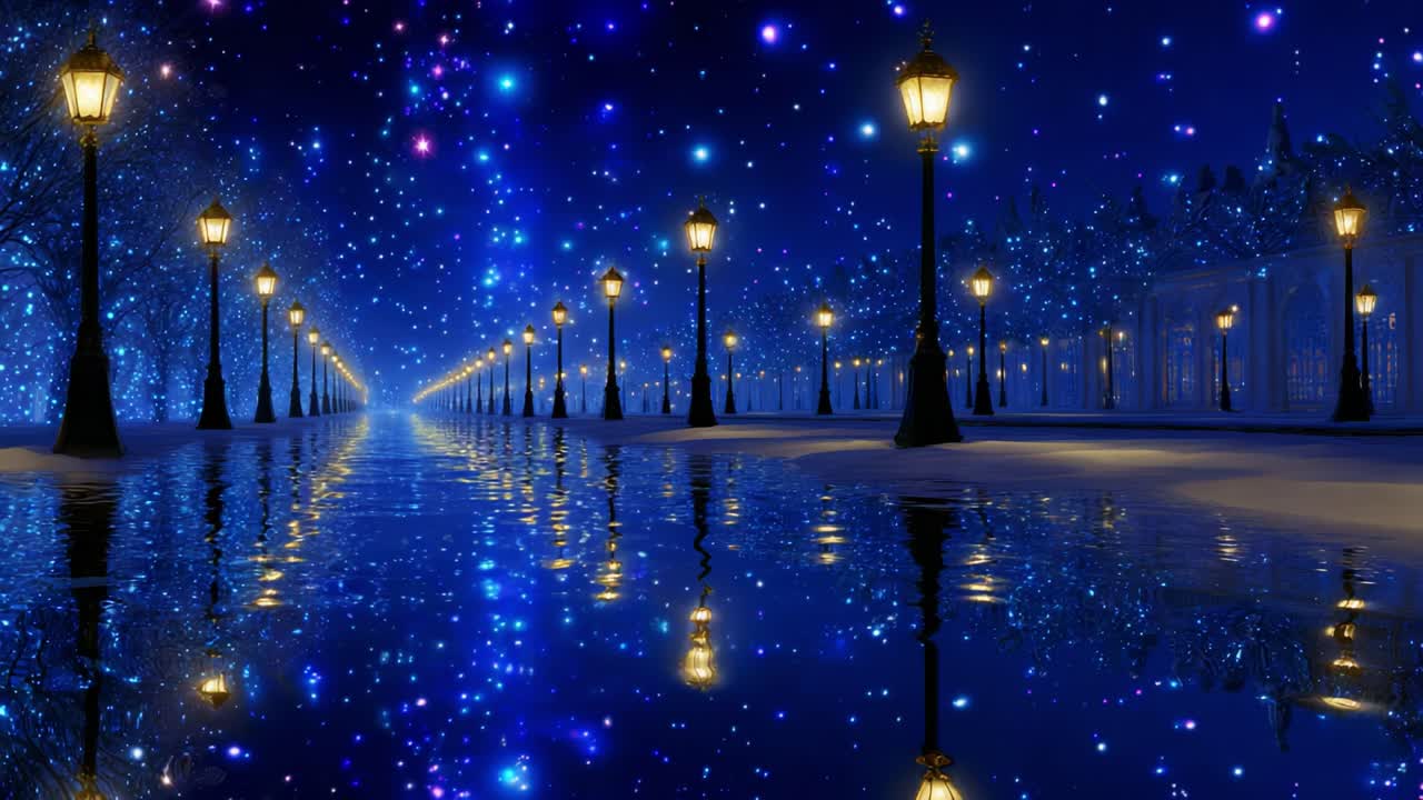 A Magical Blue Night: Enchanted Lamps Illuminating a Dazzling Pathway Under a Starry Sky Reflected in a Tranquil Body of Water, Creating an Ethereal Atmosphere of Peace and Beauty