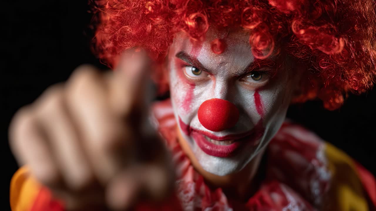 Intense Clown in Colorful Costume: A Close-Up Portrait Capturing the Duality of Joy and Fear, Highlighting the Expressive Features and Unique Makeup Details