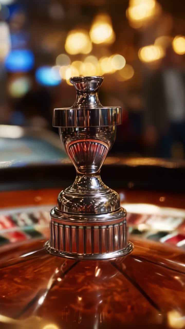 Primo piano di un'elegante ruota della roulette con un trofeo argentato al centro, che cattura l'eccitazione e il glamour dell'atmosfera di gioco del casinò