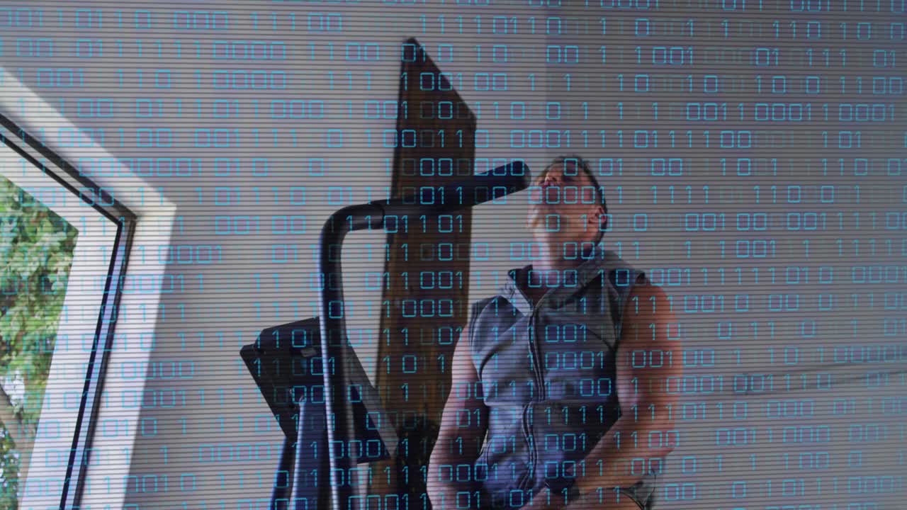 Man starting then slowing pedaling on elliptical near window, binary overlay showing fitness data