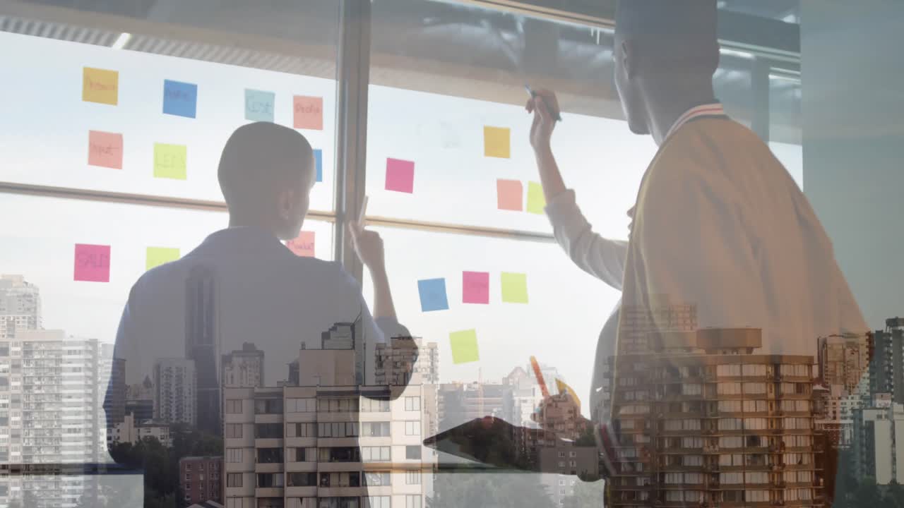 animación del paisaje urbano sobre diversas personas de negocios en la oficina