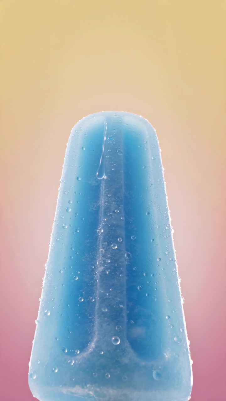 Sequenza verticale che mostra la progressione di un ghiacciolo blu da congelato a quasi sciolto nel corso del video: il fotogramma iniziale presenta un ghiacciolo ghiacciato su un bastoncino di legno con luce.