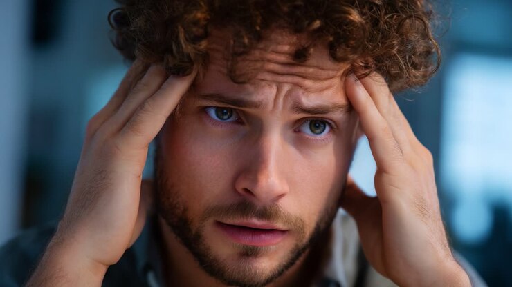 Persona stressata e ansiosa che si tiene la testa per la frustrazione, trasmettendo emozioni di sopraffazione in un momento di tensione catturato in questo fotogramma video