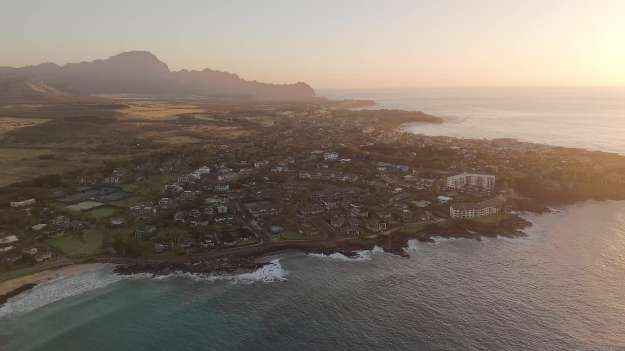 Breathtaking 4K CGI aerial views of Poipu’s coastline at sunset in Kauai, Hawaii—perfect for travel, nature, and scenic tropical landscape footage.