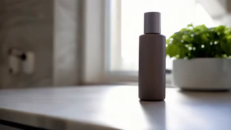 gray cosmetic bottle on a countertop