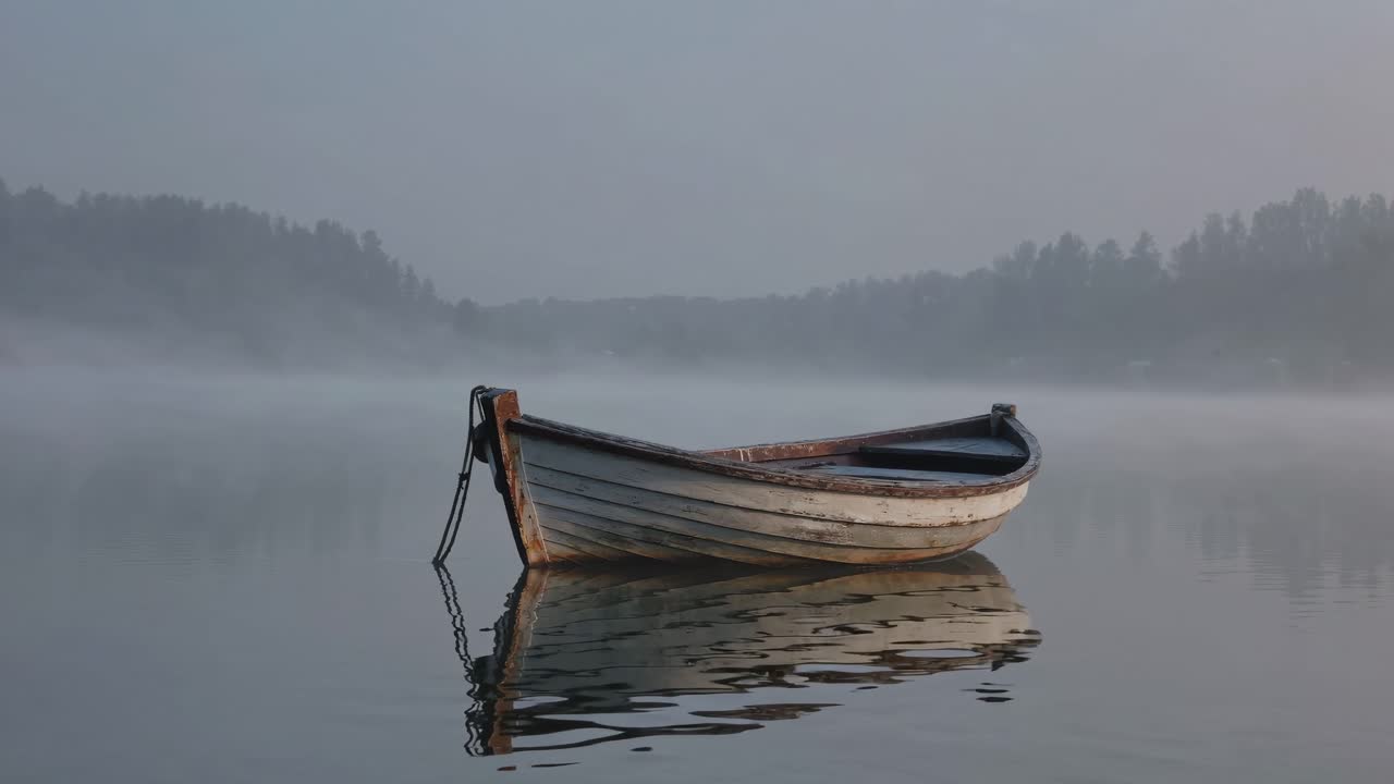A serene video scene of a lone boat on a misty lake at dawn, captured from a low angle