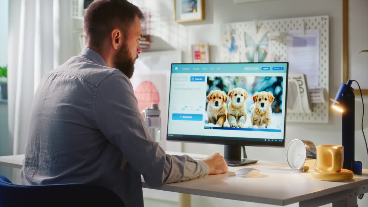 Man Working on Computer, Looking at Pictures of Puppies