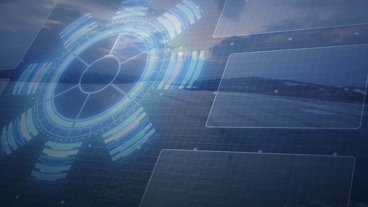 Rotating circular HUD brightening and sweeping on activation pulse, revealing coastal data panels