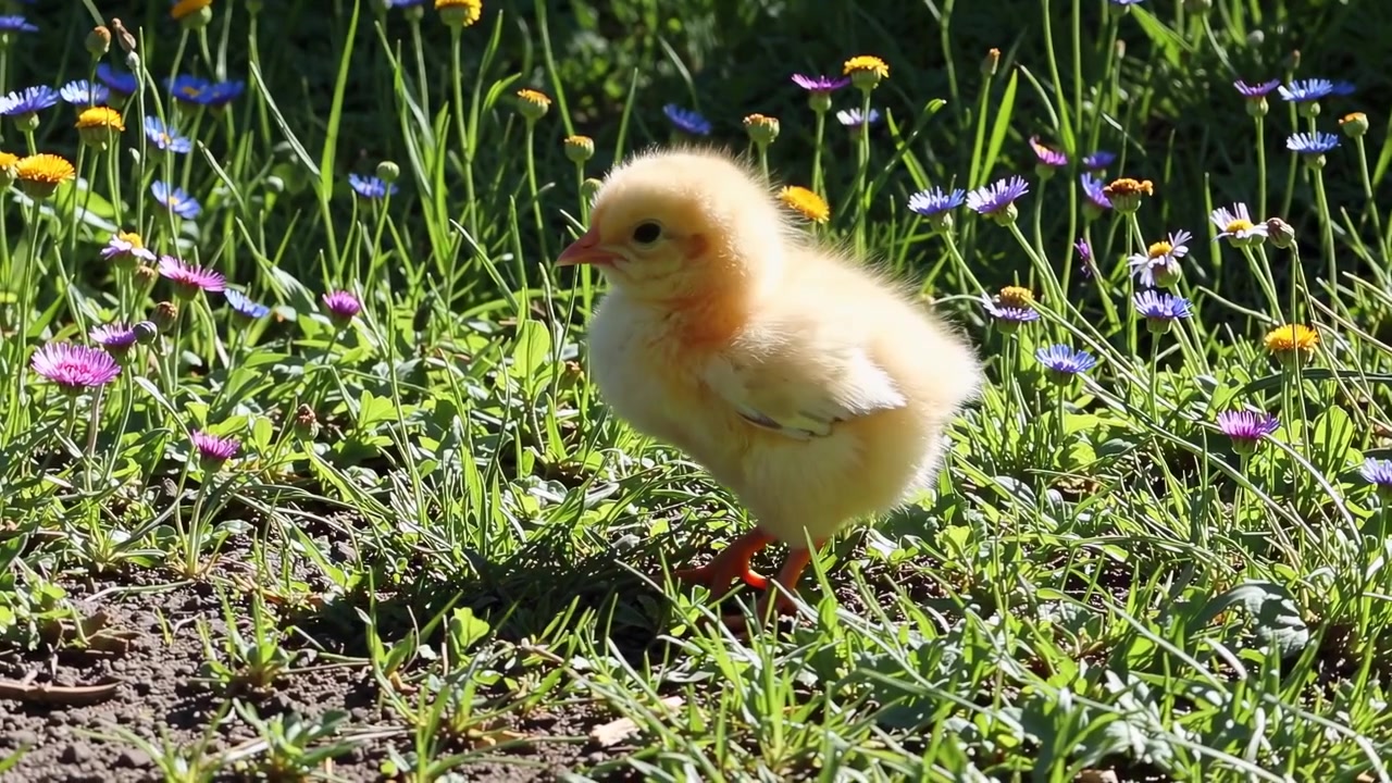 Pequeno Pintinho Amarelo Caminhando em um Prado Gramado com Flores Silvestres