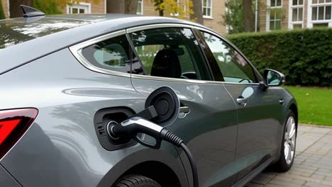 man plugging a charger into a gray electric car at home