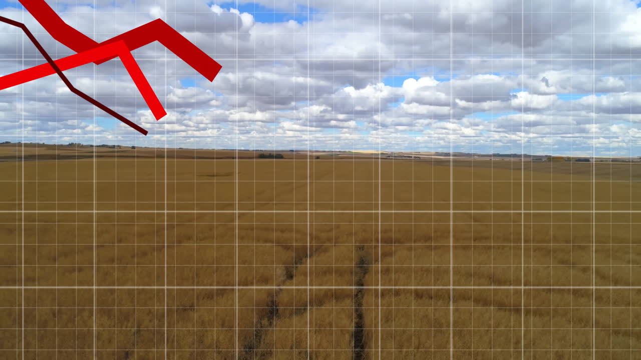 Parallel tractor tire tracks stretching across golden field under moving clouds in flat design