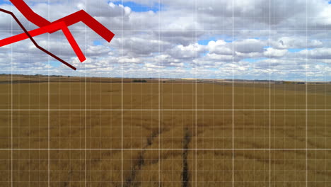parallel tractor tire tracks stretching across golden field under moving clouds in flat design