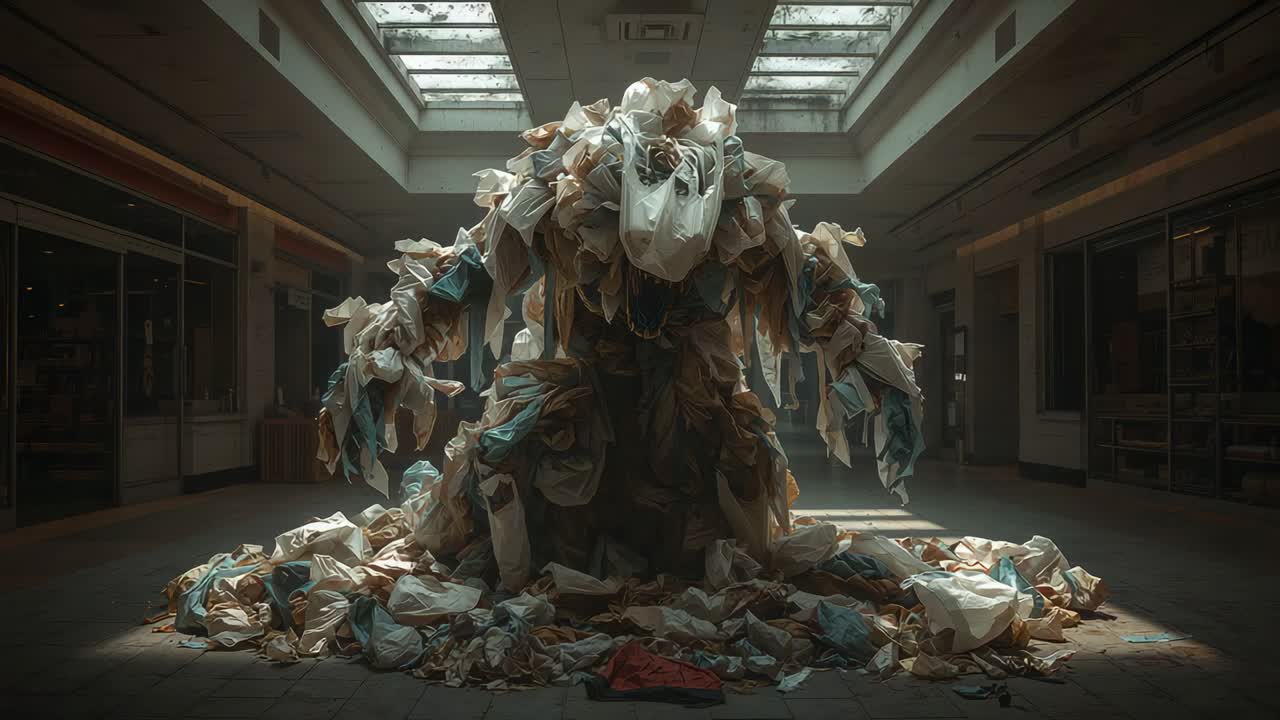 Shifting garments settling into humanoid clothes mound in closed mall under skylights