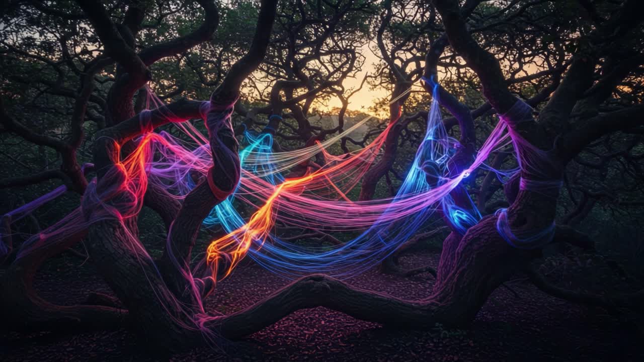 A mesmerizing display of vibrant light trails weaving through the intricate branches of ancient trees, creating an enchanting atmosphere as dusk settles in