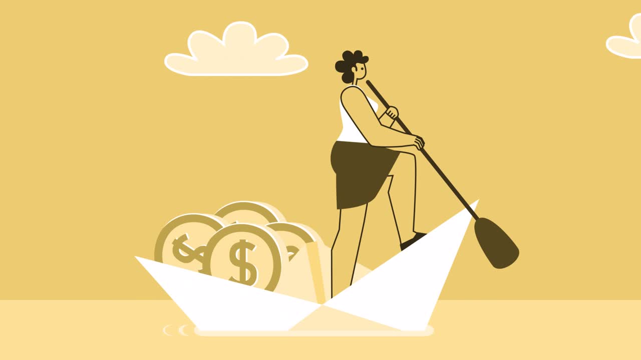 노란색 스타일의 여성 평평한 캐릭터가 달러 동전으로 종이 배를 항해합니다. 알파 채널과 함께 고립 된 루프 애니메이션.