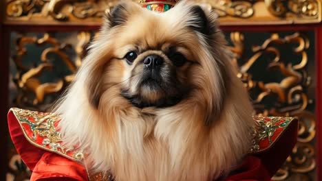 a dog wearing a crown sitting on a throne