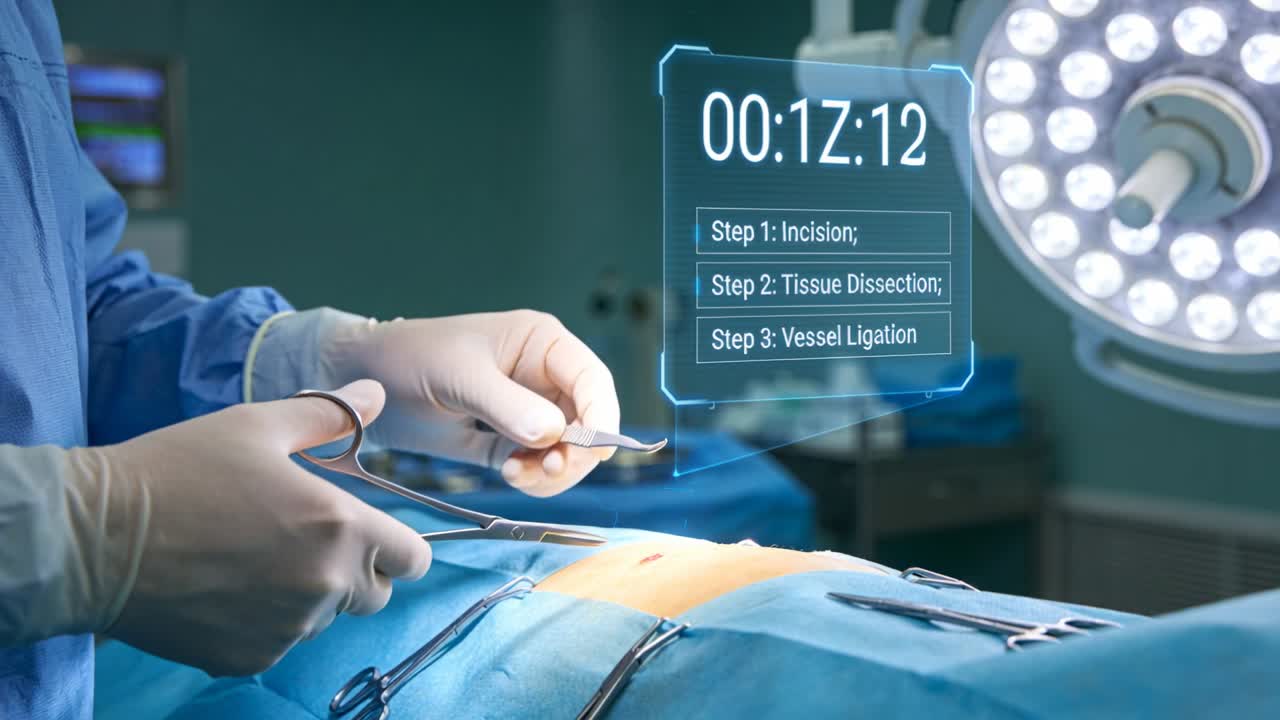 Pewaktu hologram muncul, menampilkan tim bergaun biru melakukan sayatan dengan pisau bedah, membedah, dan mengikat di Ruang Operasi.