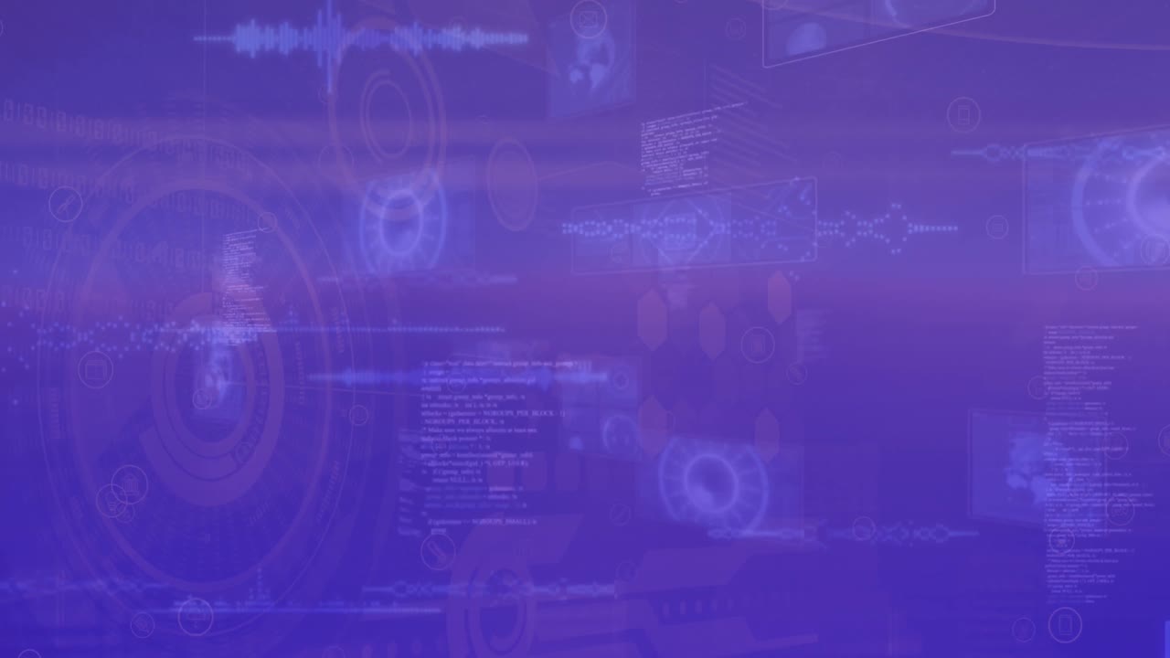 animación de círculos, radares, ondas sonoras, globos en lenguaje informático en un fondo abstracto