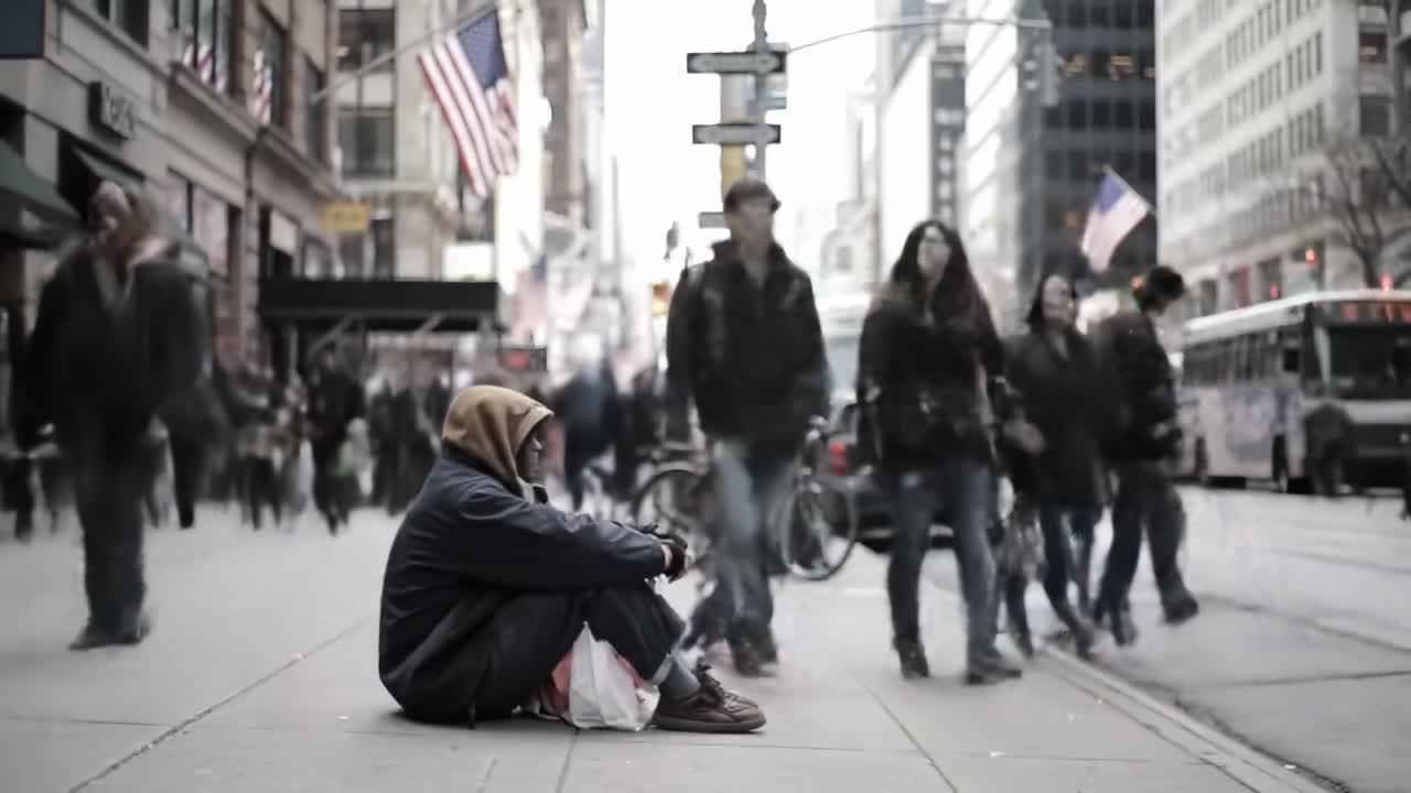 A poignant glimpse of urban solitude: a homeless individual sitting on the bustling city sidewalk amidst a hurried crowd, highlighting the contrast between loneliness and urban life.
