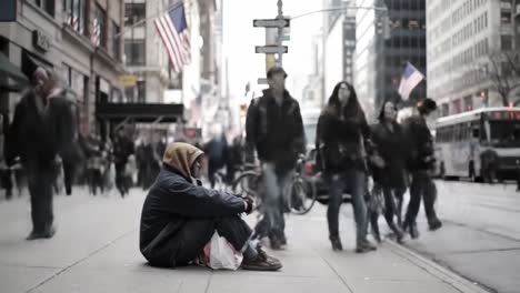 a poignant glimpse of urban solitude: a homeless individual sitting on the bustling city sidewalk amidst a hurried crowd, highlighting the contrast between loneliness and urban life.