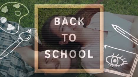 Back-to-school-text-on-wooden-slate-against-two-caucasian-female-college-students-lying-on-the-grass