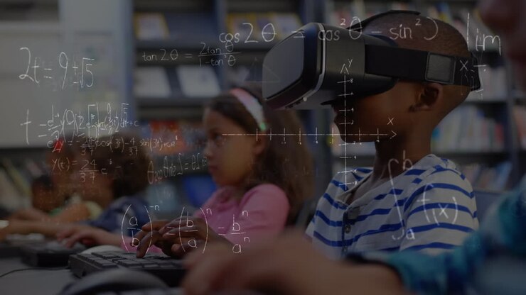 Equazioni matematiche che fluttuano su un ragazzo afroamericano che indossa un visore VR in una scuola elementare.