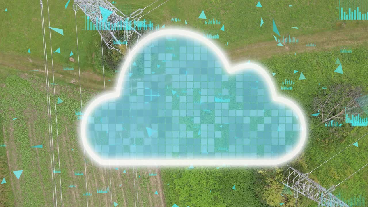 Electrical engineer inspecting an electricity pylon using modern technology, with a 3D cloud graphic overlay