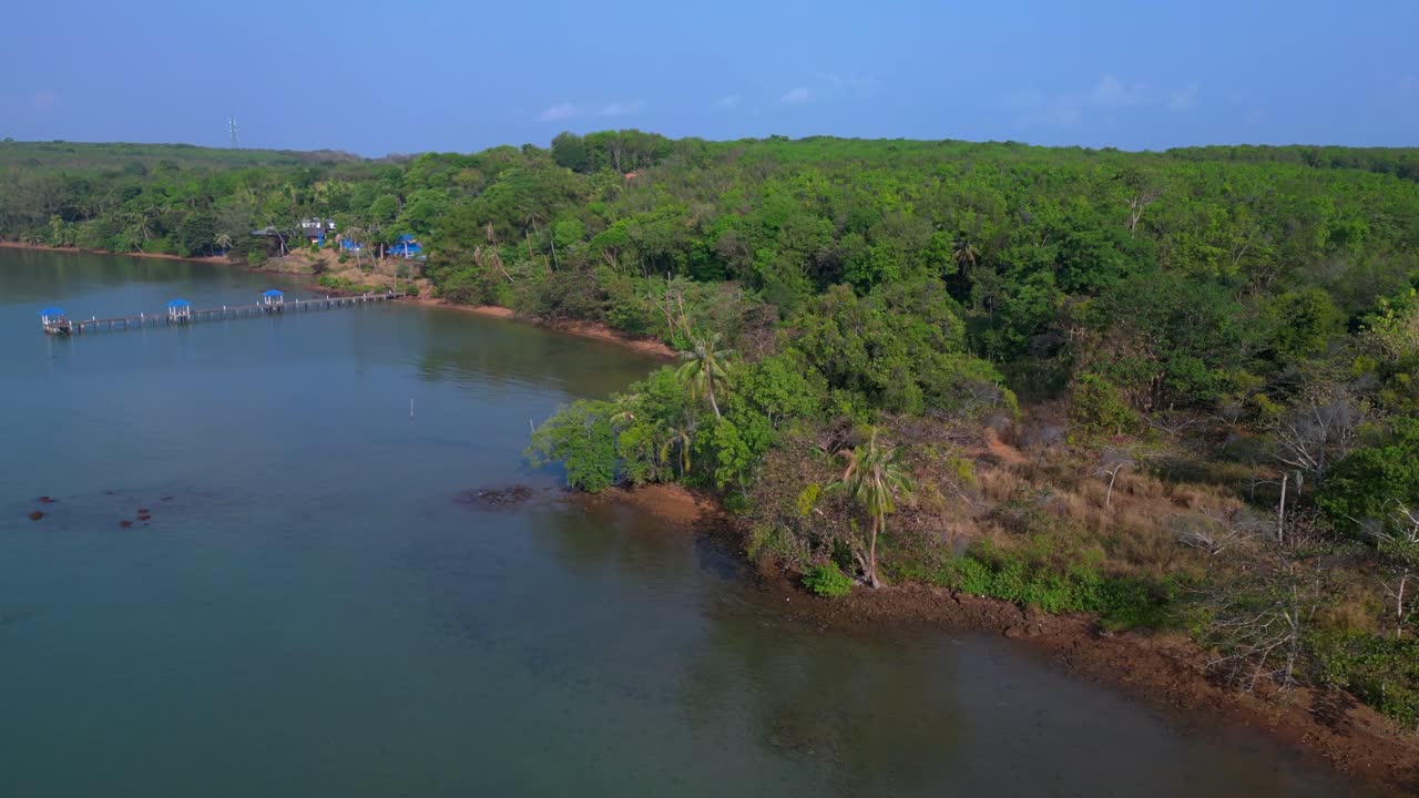 Lush vegetation covering tropical island coast meeting calm ocean water and small sandy beach. Lovely aerial view flight panorama overview drone