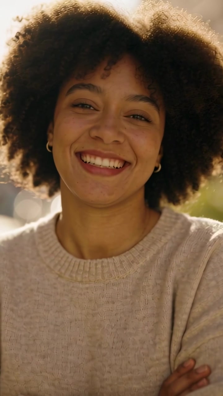 Vídeo vertical: Mulher sorrindo com suéter bege e brincos de argola dourados, piscando e inclinando-se, reagindo ao sol em um caminho.