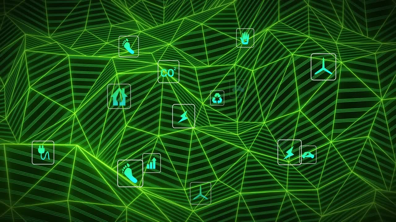 Opening neon wireframe grid forming mountains, cyan icons fading, migrating and mapping eco metrics