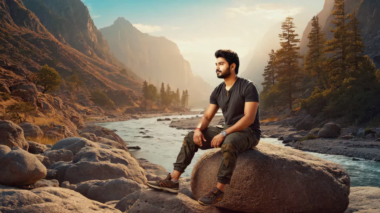 A man sitting on a rock by a river in a mountain landscape