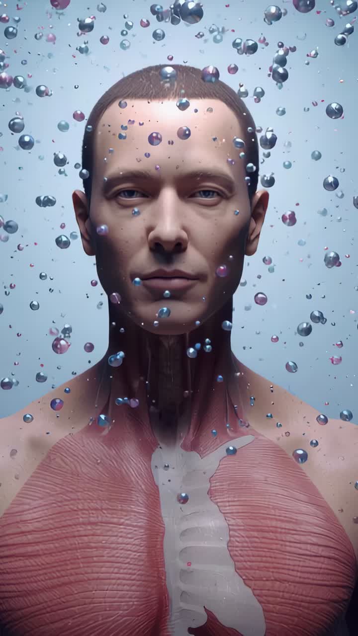 Vertical video: Upon model appearing, colored spheres descending and swirling around bust in blue