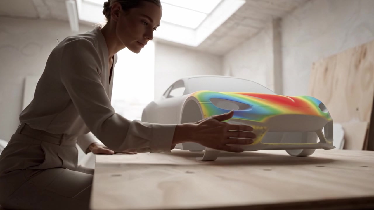 A designer focuses intently on a futuristic car model, showcasing the evolution from a wireframe design to a sleek, animated prototype in a creative workspace.